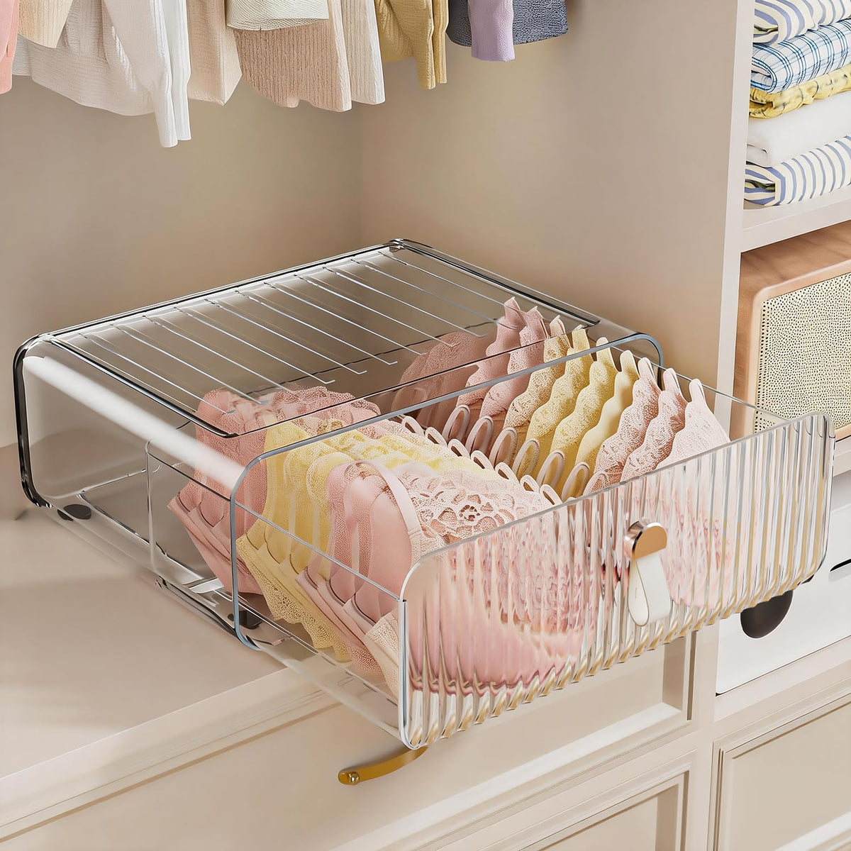 Neprock bra storage box keeps bras pristine and accessible in a clear acrylic organizer.