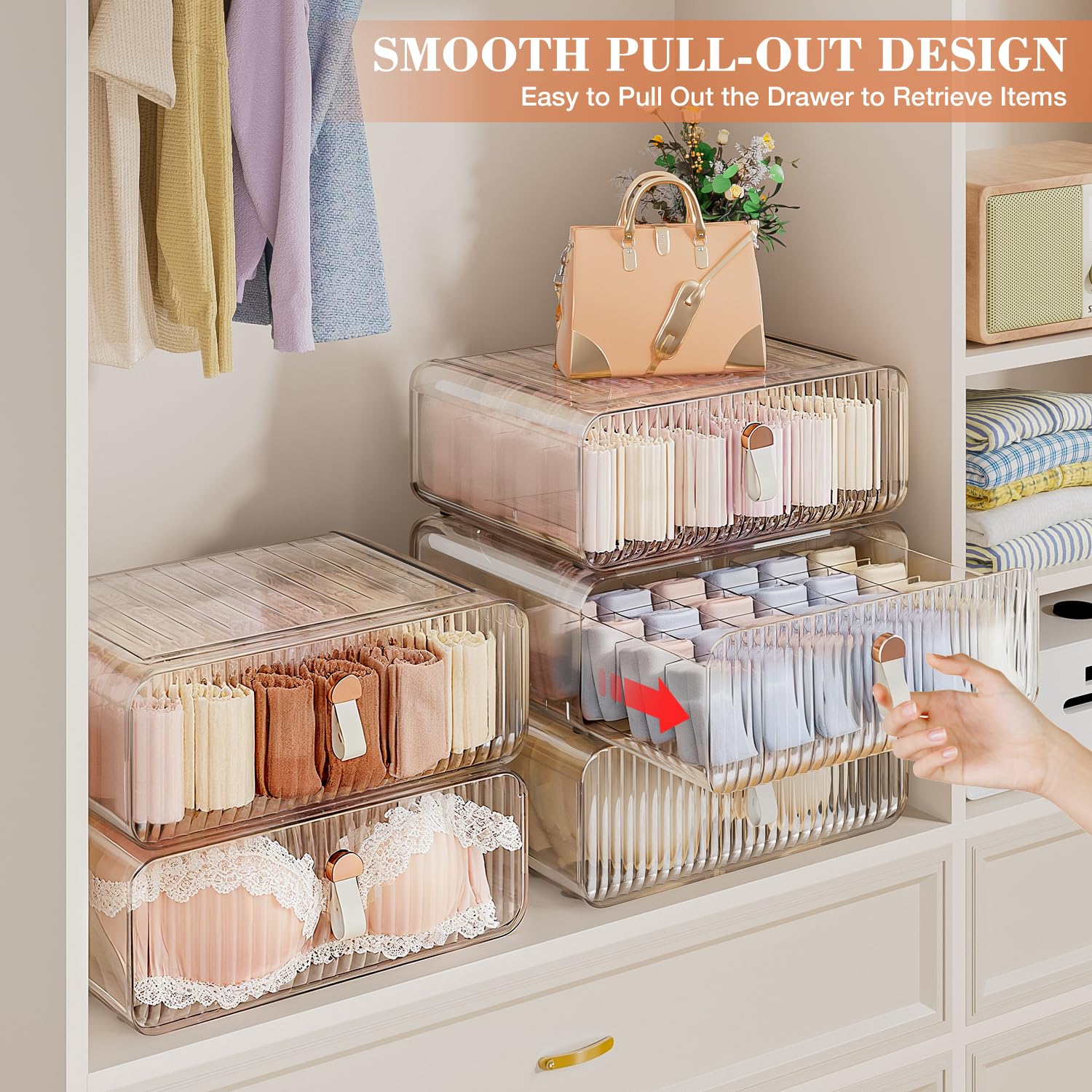 Neprock slide-out drawer lets daily intimates be grabbed without lifting stacked items.