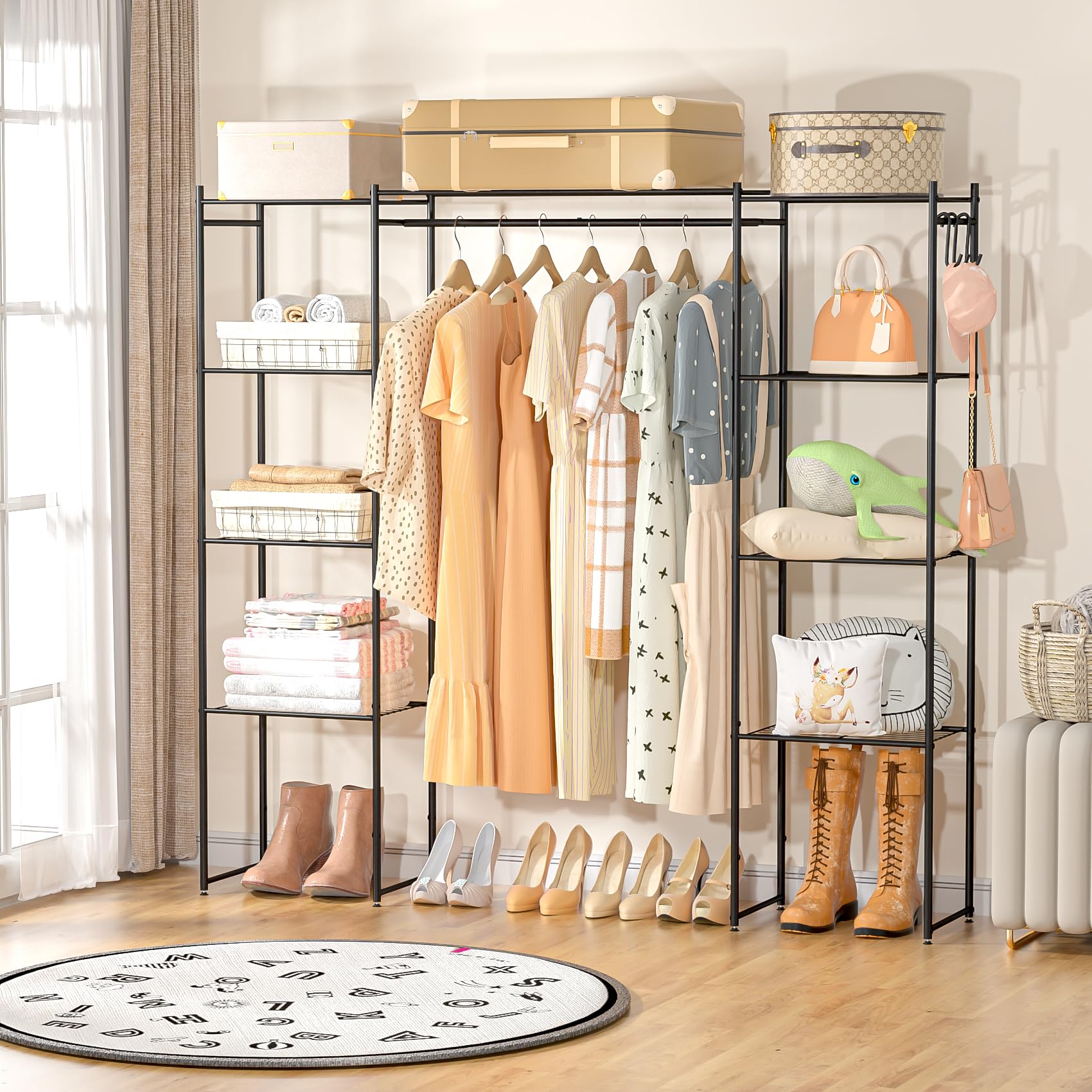 Neprock portable closet wardrobe hang rod supports hanging clothes, keeping outfits wrinkle-free and accessible.