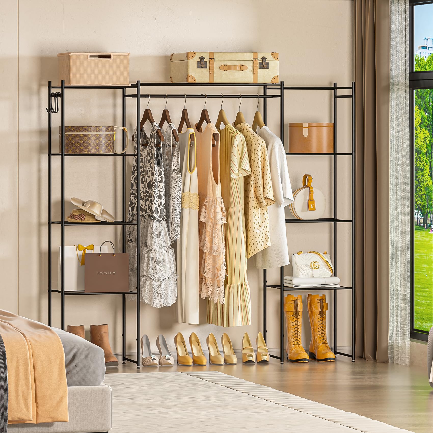 Neprock wardrobe 8 shelves organize folded items, handbags, and hats neatly.