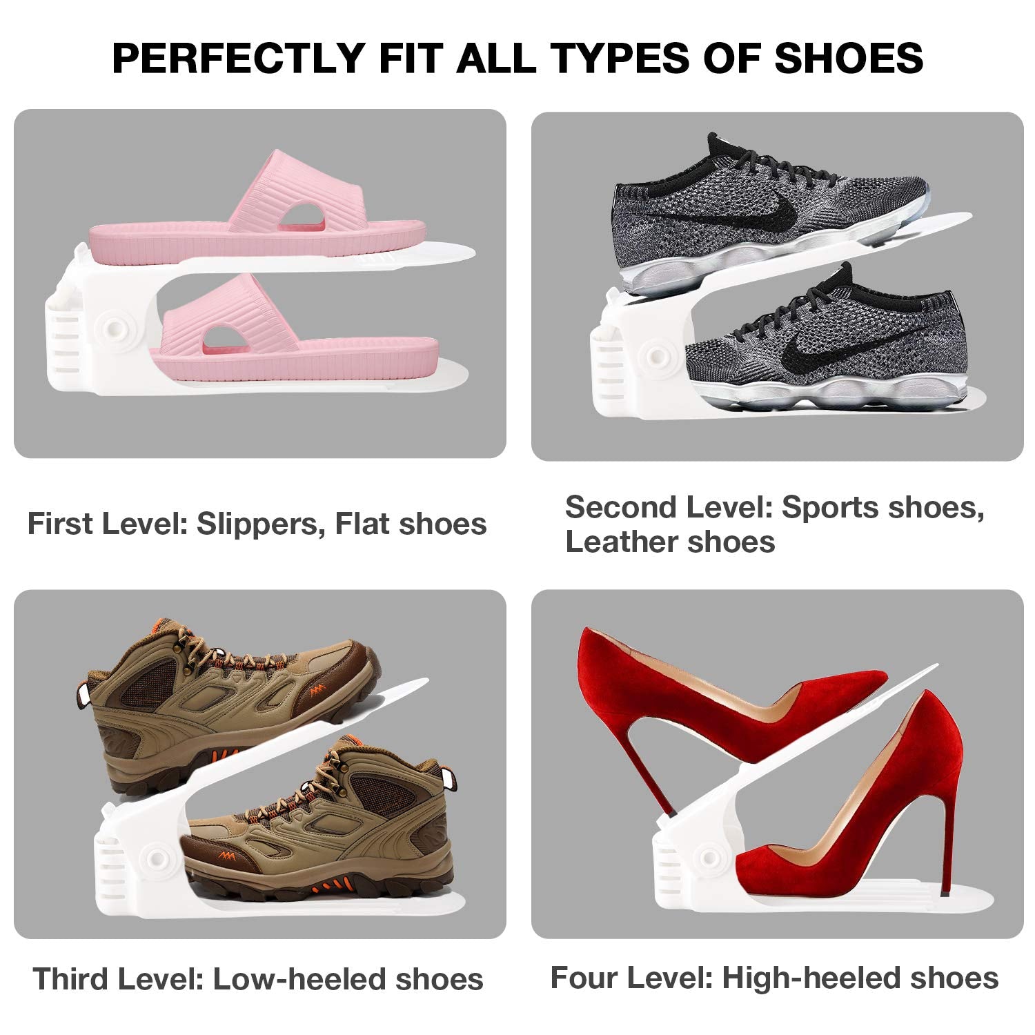 Neprock shoe organizer adjustable heights accommodate various shoe types without squeezing.
