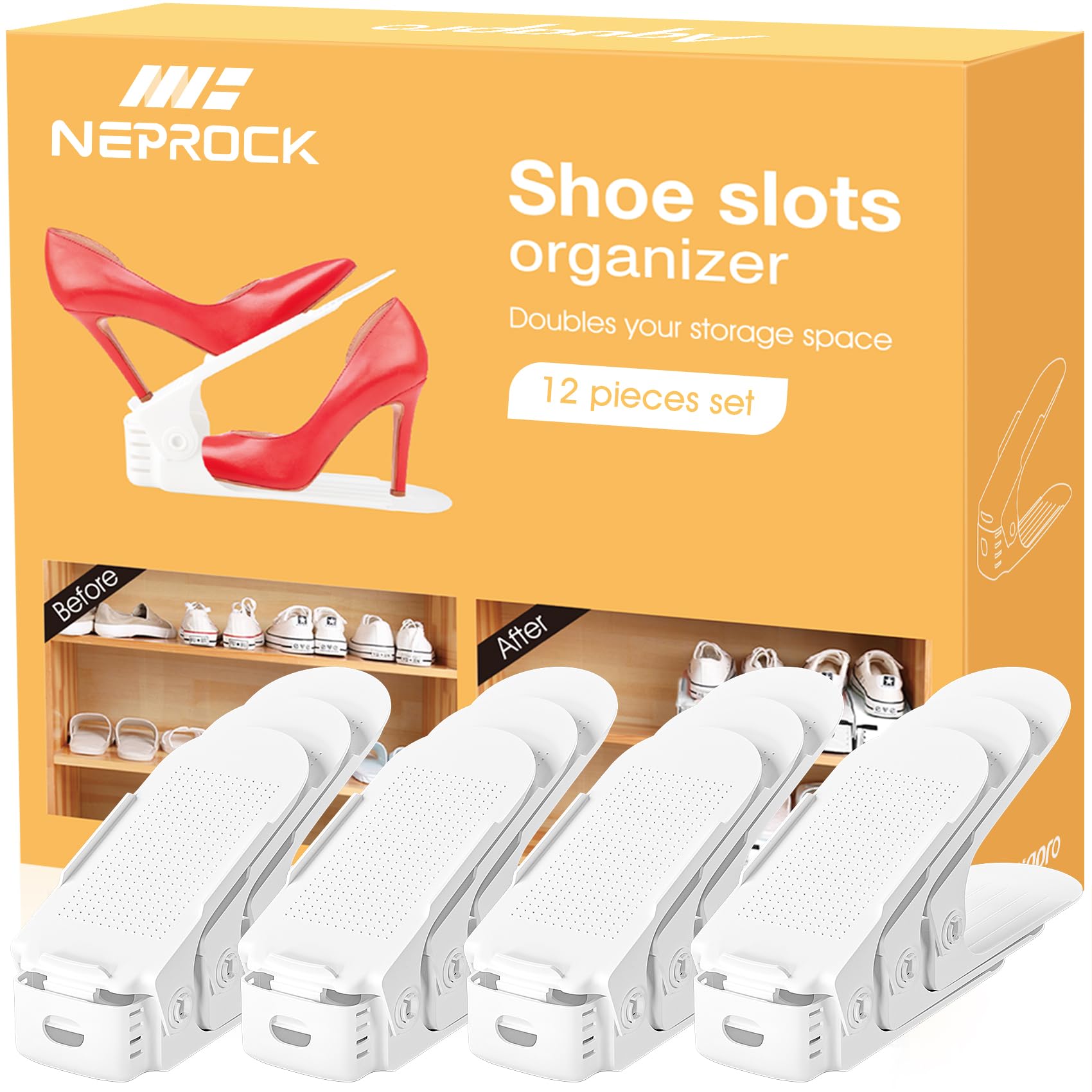 Neprock Shoes Slots Organizer in closet with 12-pack white slots for tidy storage