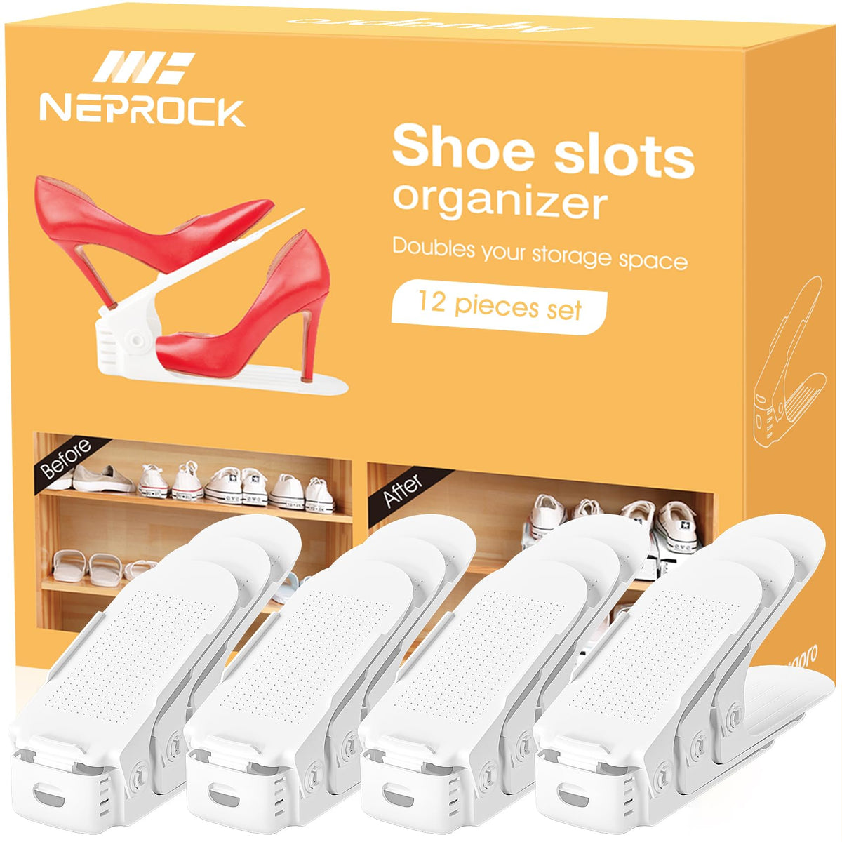 Neprock Shoes Slots Organizer in closet with 12-pack white slots for tidy storage