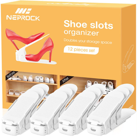 Neprock Shoes Slots Organizer in closet with 12-pack white slots for tidy storage