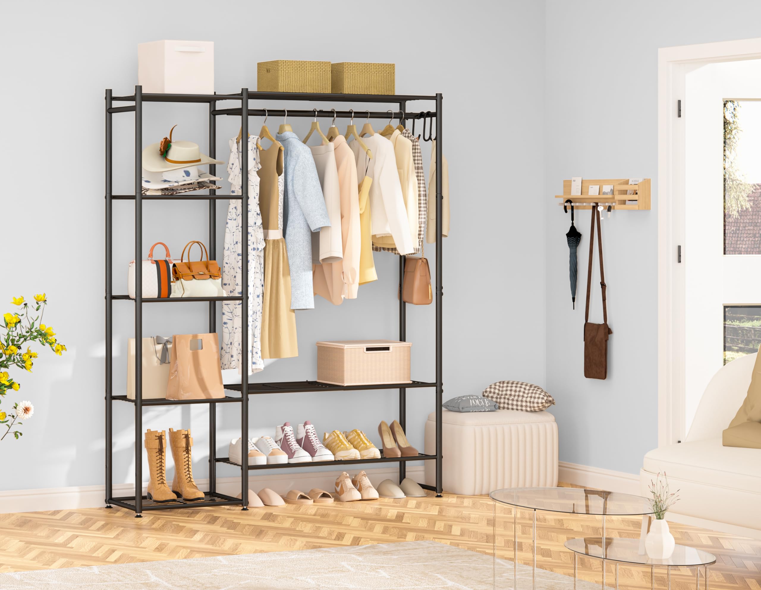 Neprock Wardrobe Closet six adjustable feet ensure stability on uneven floors.