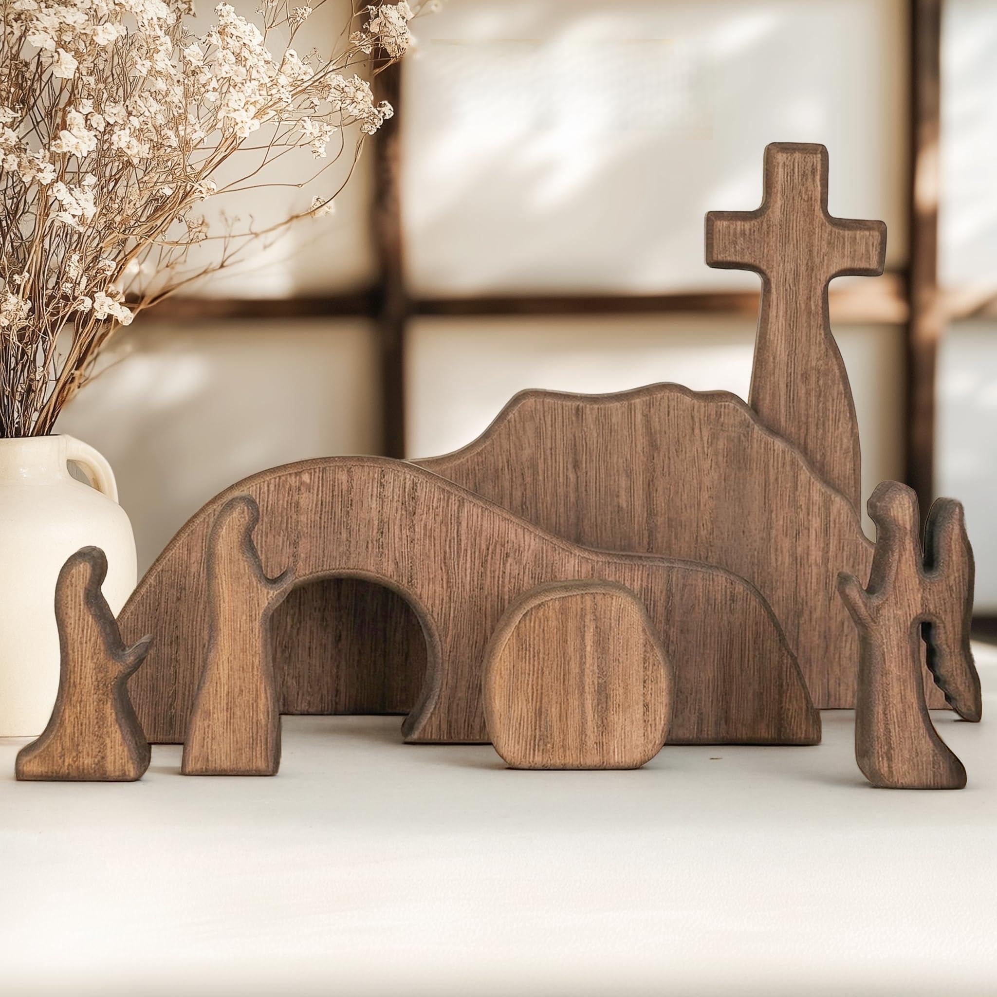NEROSUN empty tomb Easter scene cross decoration on display shelf for reflective home decor
