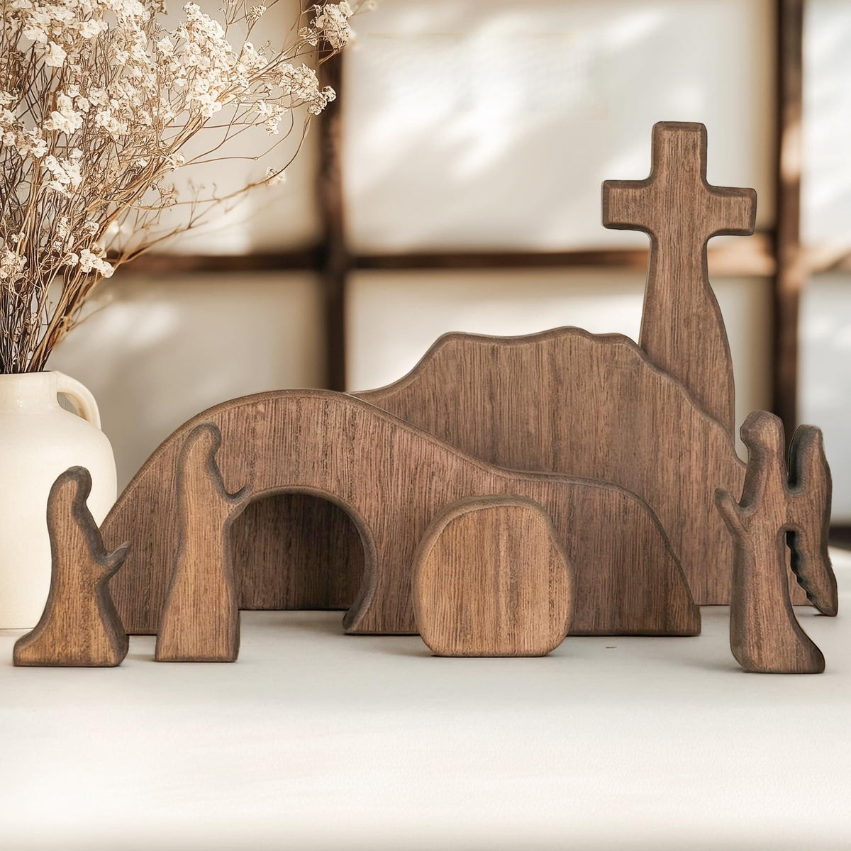 NEROSUN empty tomb Easter scene cross decoration on display shelf for reflective home decor