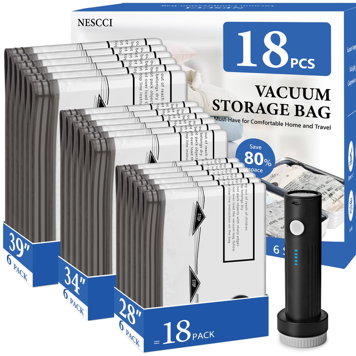 NESCCI travel vacuum bags in a multi-size set for efficient luggage organization.