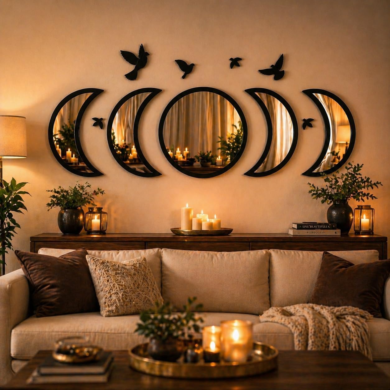 NESHE Moon Phase Mirror Set with Birds enhances boho wall decor and ambient light