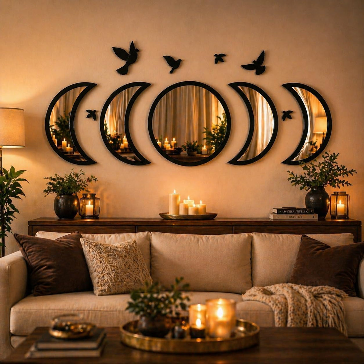 NESHE Moon Phase Mirror Set with Birds enhances boho wall decor and ambient light