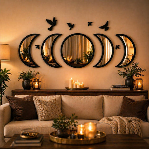 NESHE Moon Phase Mirror Set with Birds enhances boho wall decor and ambient light