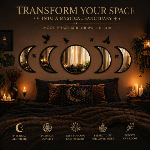 NESHE Moon Phase Mirrors in wood and acrylic add focal interest