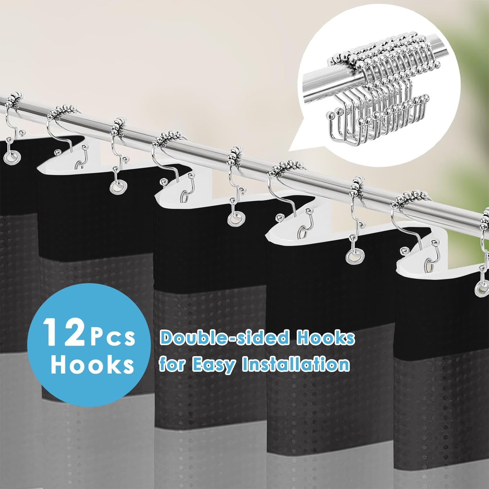 Nesphy 3-in-1 shower curtain set shown with curtain, liner, and hooks.