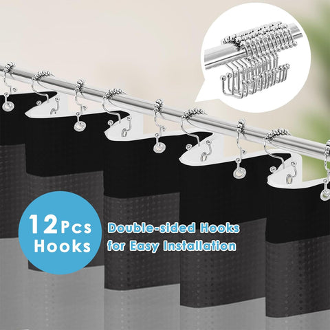 Nesphy 3-in-1 shower curtain set shown with curtain, liner, and hooks.