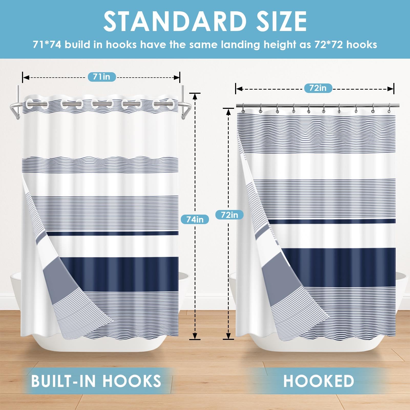 Nesphy curtain measured 71x74 inches to fit most baths.