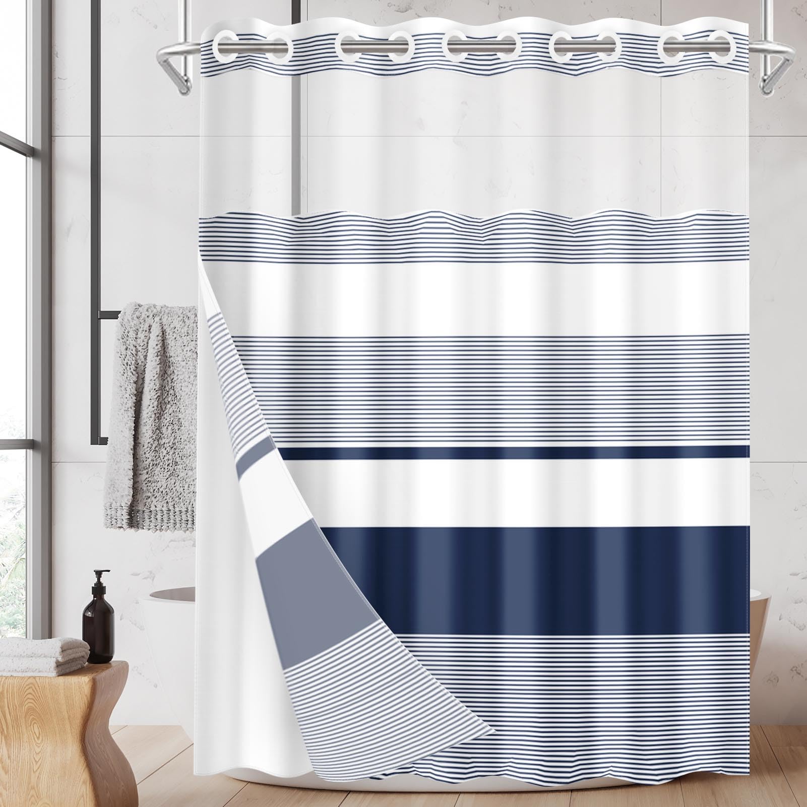 Nesphy No Hook navy blue shower curtain with top window enhances brightness and privacy.
