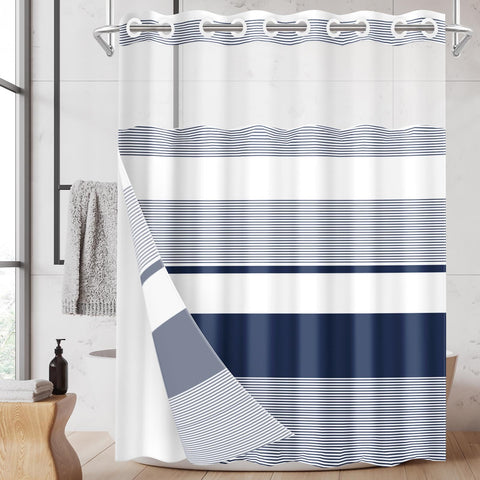 Nesphy No Hook navy blue shower curtain with top window enhances brightness and privacy.