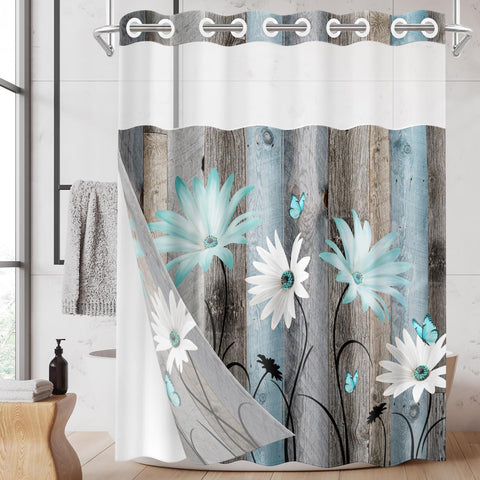 Nesphy shower curtain with teal daisies and butterflies on wooden double layers, rustic bathroom decor
