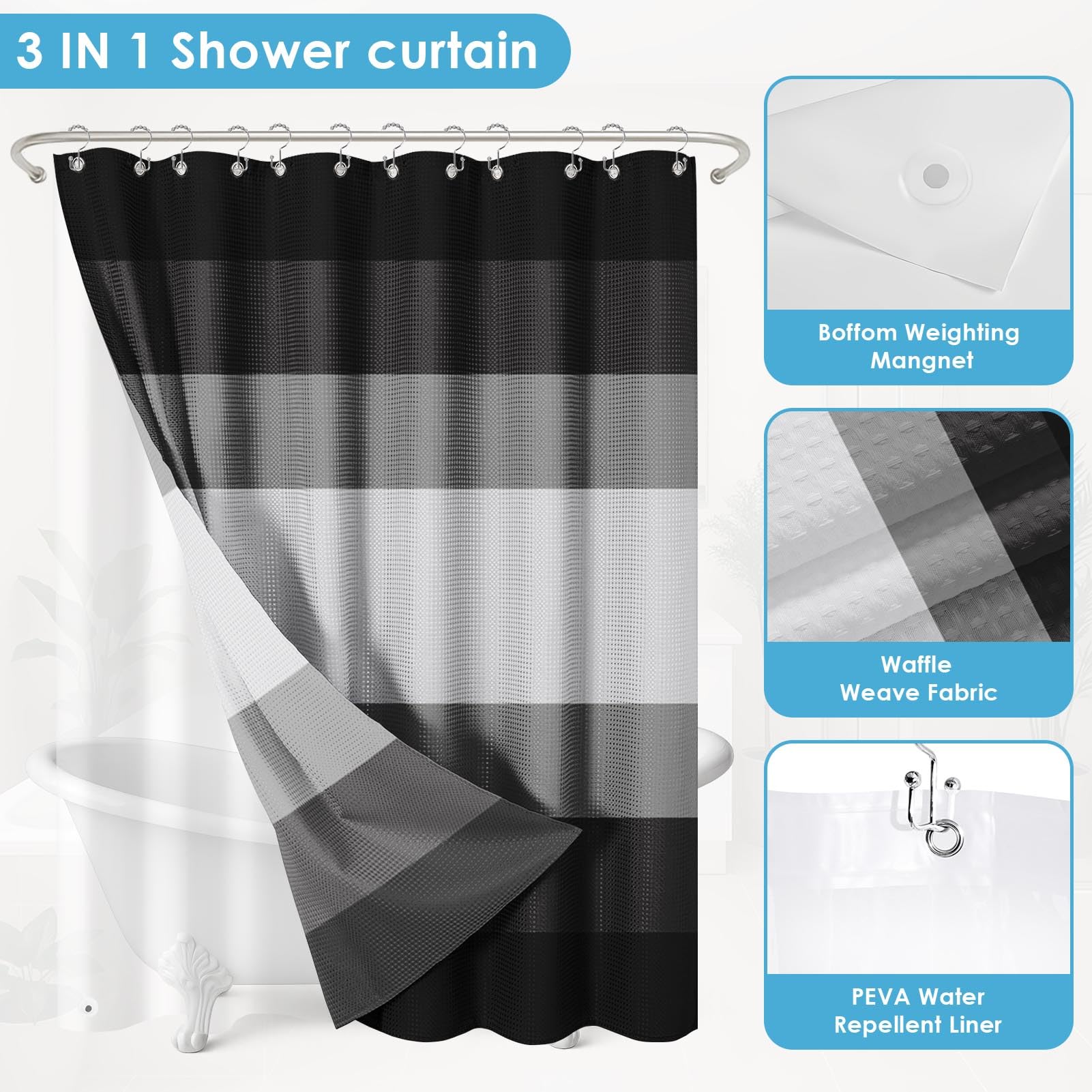 Nesphy 72x72 curtain fits standard showers for easy setup.
