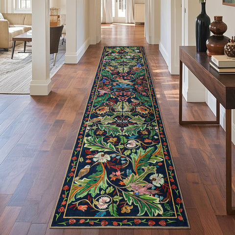 nesrt botanical runners birds and florals in green for hallway ambiance and durability