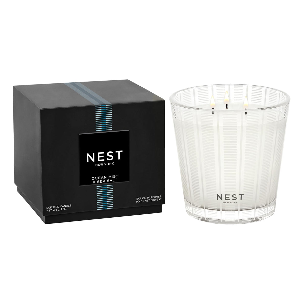 Nest New York 3-wick candle ocean mist sea salt jar for soothing seaside ambiance.