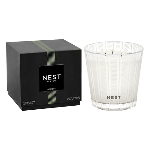 NEST New York Bamboo 3-Wick Candle front view enhances living room ambiance