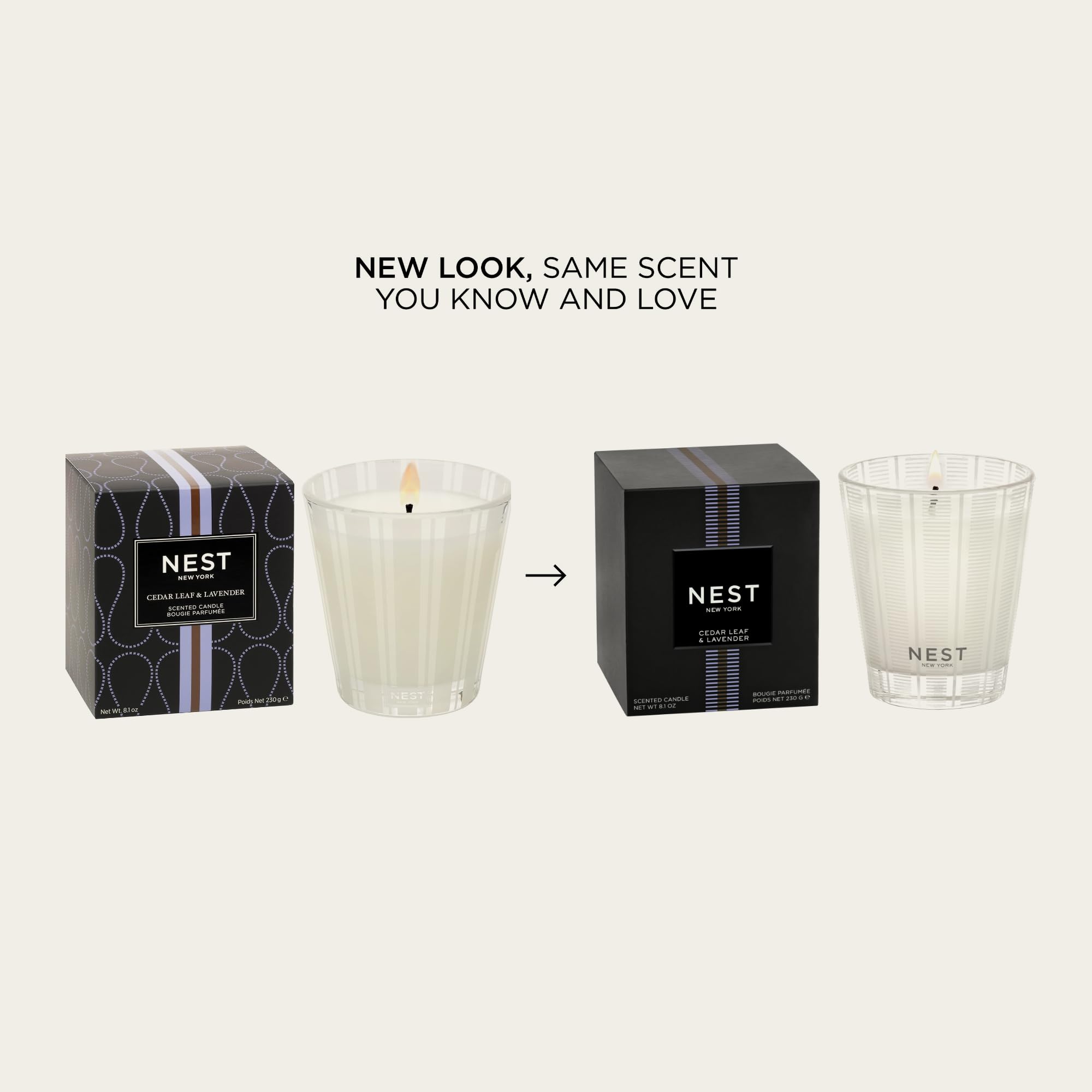 Nest New York candle glass vessel with frosted stripes enhances decor.