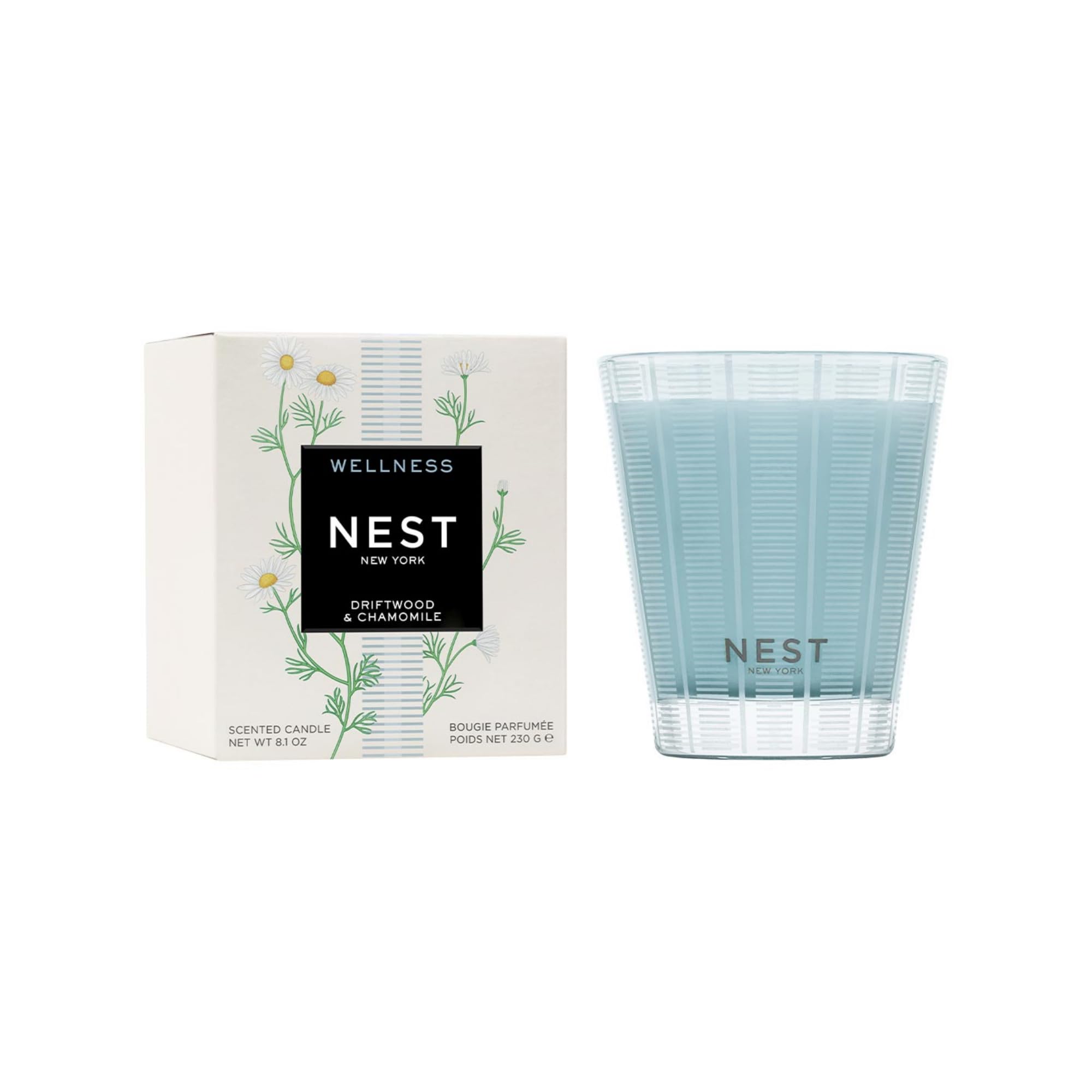 Nest New York Driftwood Chamomile candle in blue glass vessel creates a calming ambiance