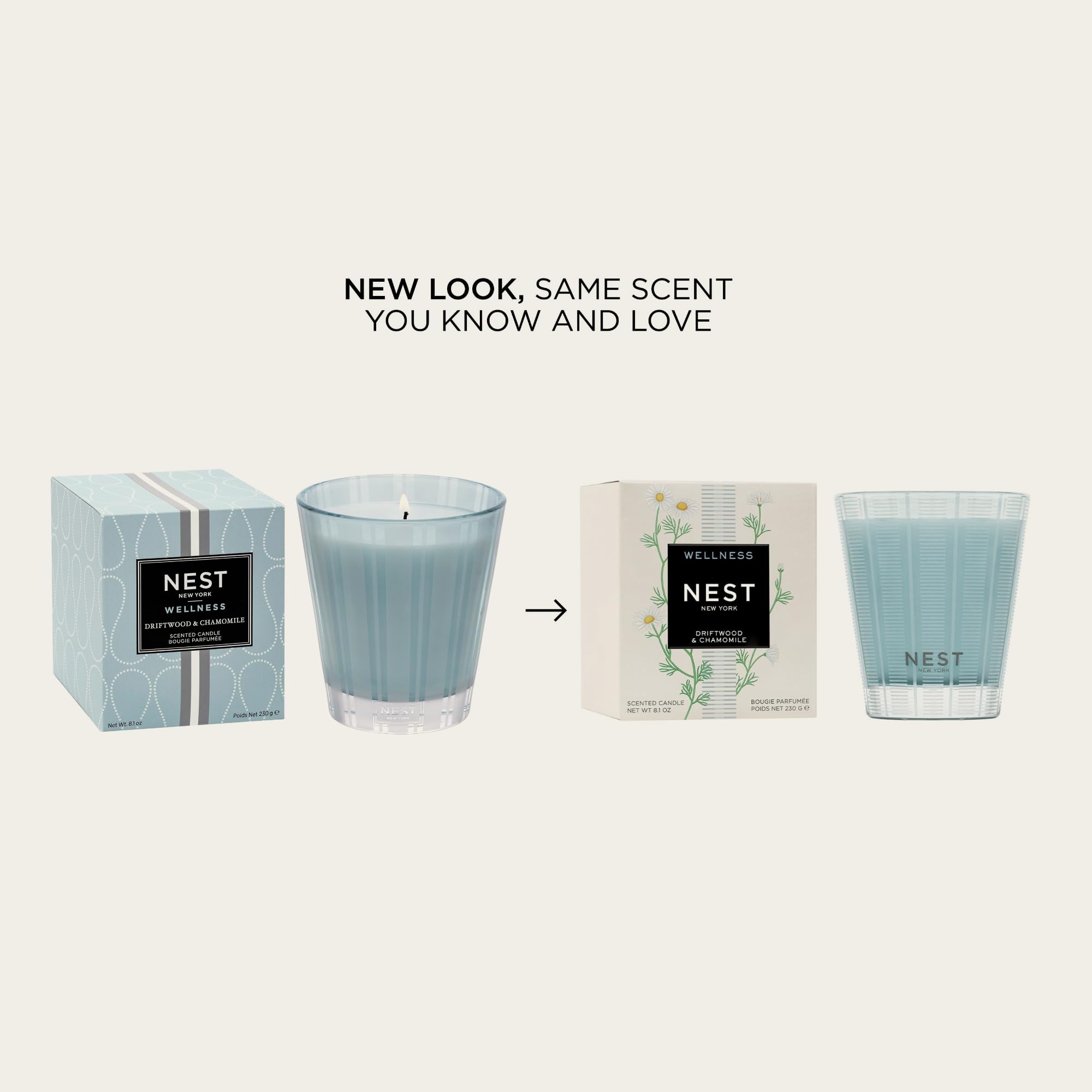 Nest New York Driftwood Chamomile candle with frosted striped glass enhances home decor