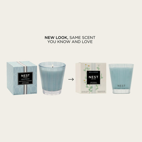 Nest New York Driftwood Chamomile candle with frosted striped glass enhances home decor