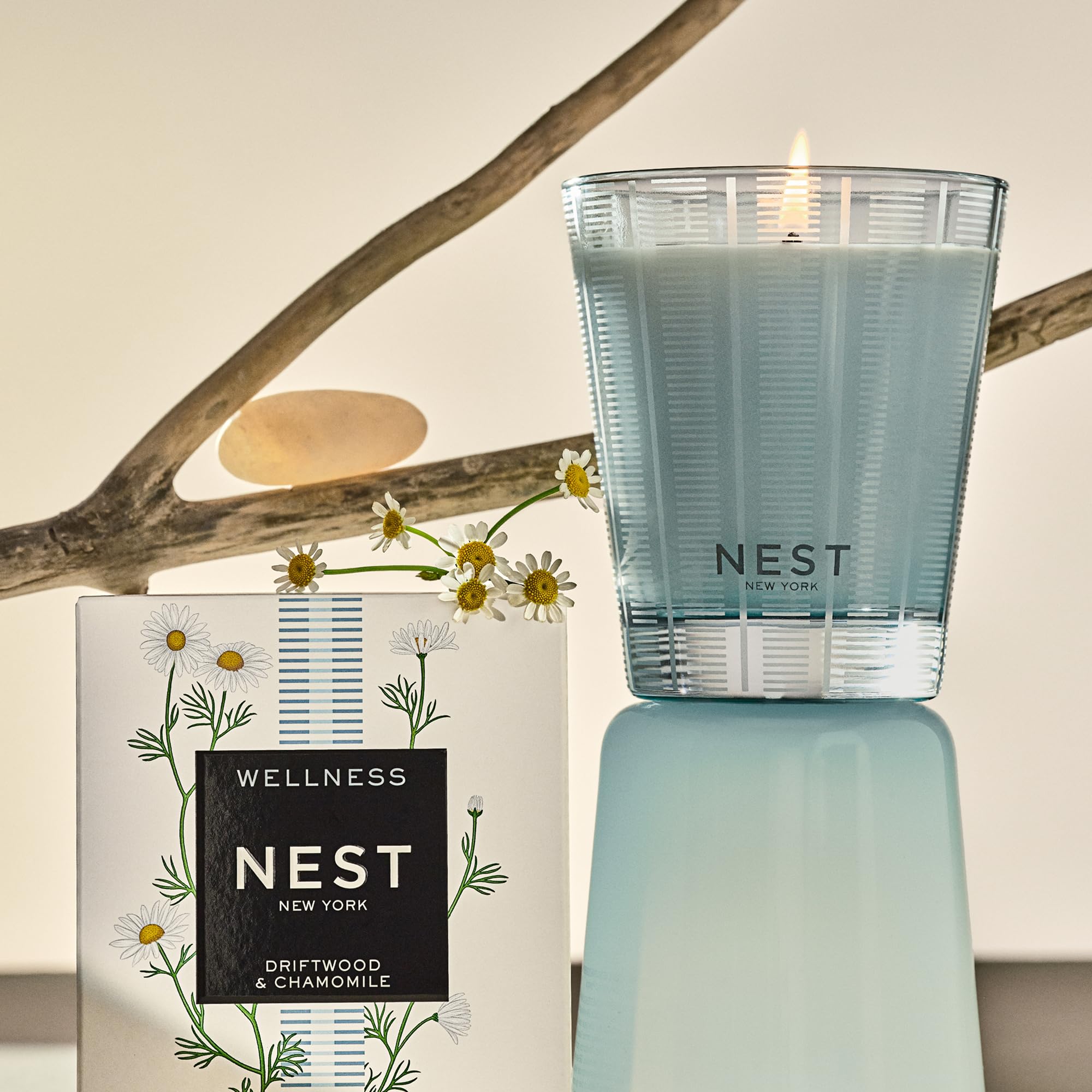Nest New York Driftwood Chamomile candle glow highlighting premium wax for even burning