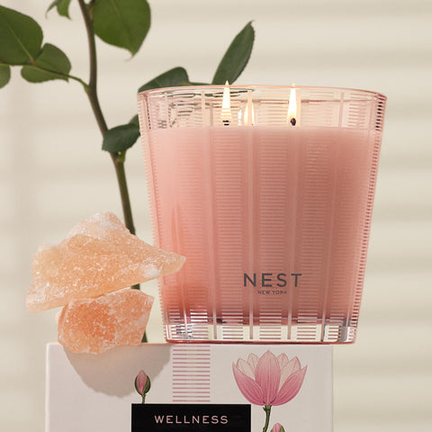 NEST New York Himalayan Salt & Rosewater candle close-up showing fragrance notes