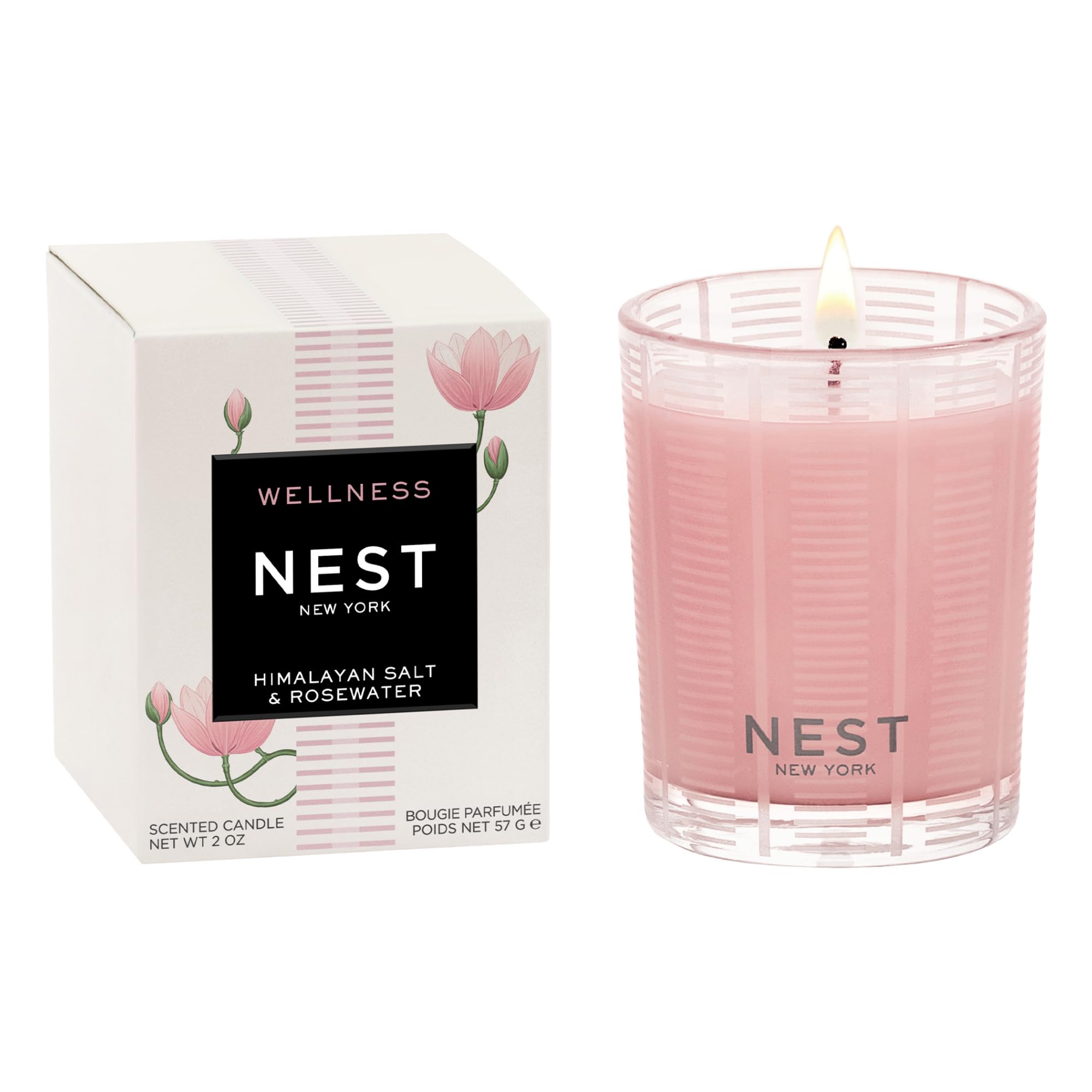 Nest New York Himalayan Salt Rosewater candle in pink-tinted glass for serene evenings.