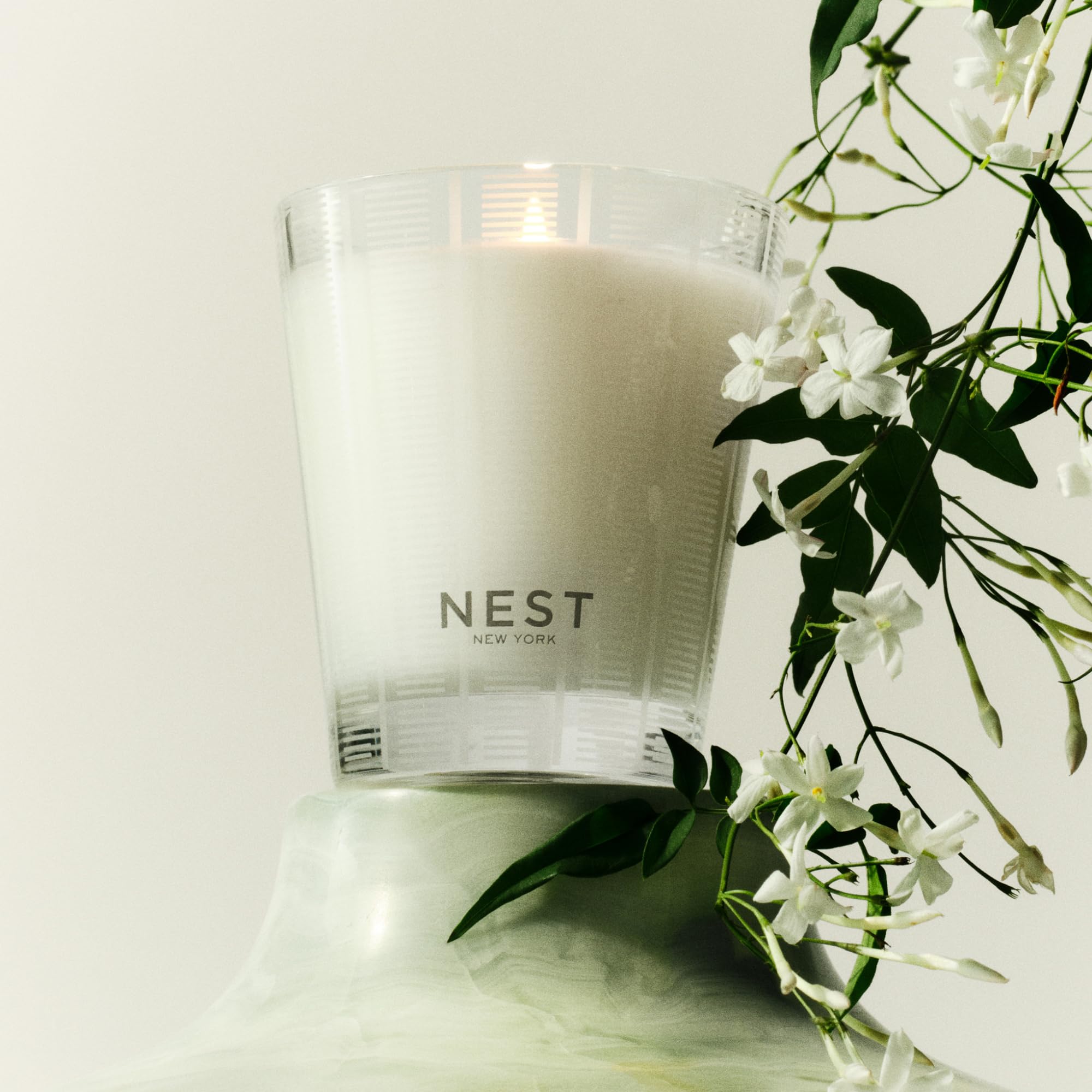 NEST New York Indian Jasmine candle frosted stripes on the jar add elegance.