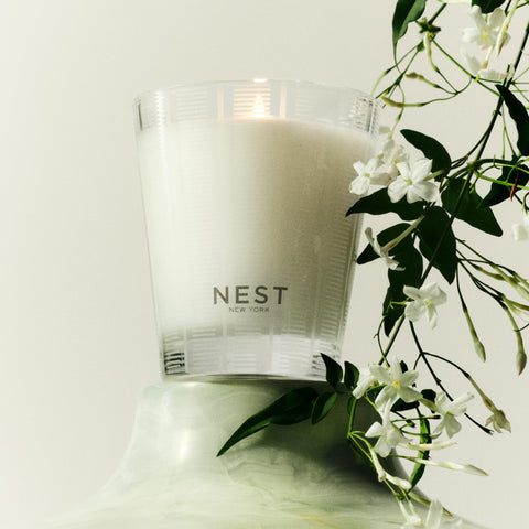 NEST New York Indian Jasmine candle frosted stripes on the jar add elegance.