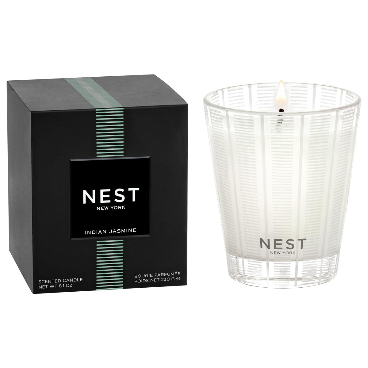 NEST New York Indian Jasmine candle in glass vessel delivers a clean burn ambiance.