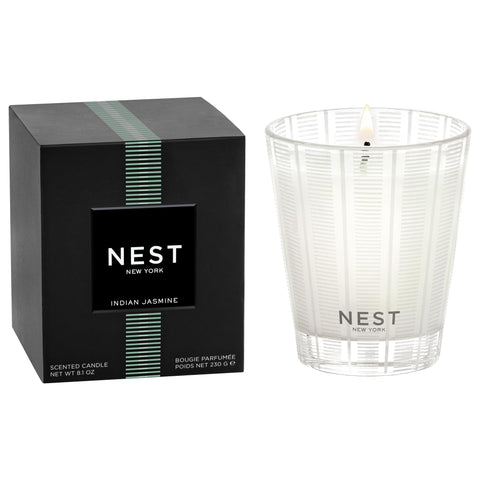NEST New York Indian Jasmine candle in glass vessel delivers a clean burn ambiance.