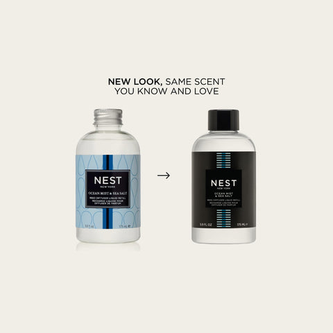 Nest New York liquid refill for reed diffuser enhances long-lasting scent without flame.