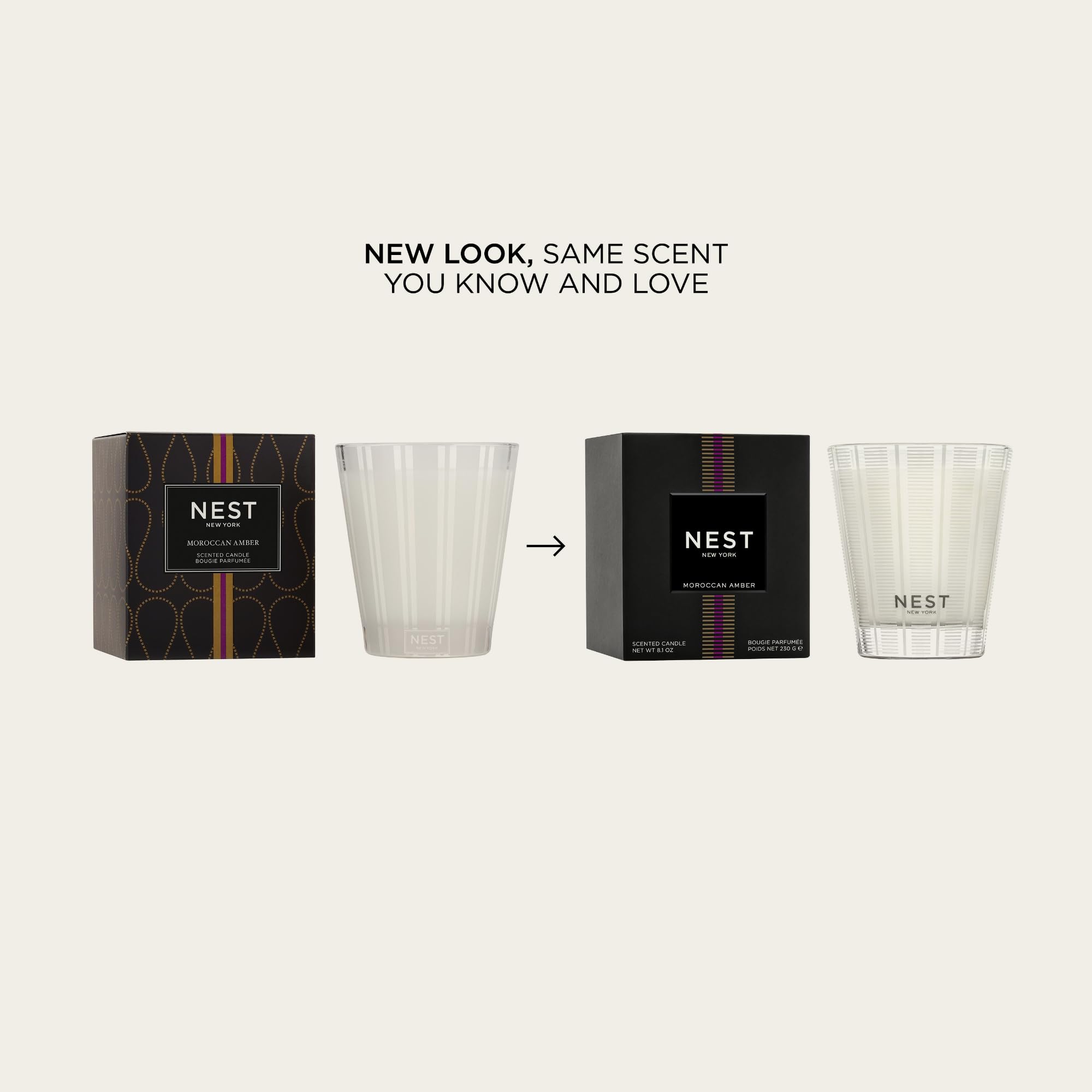 Nest New York Moroccan Amber candle with frosted striped glass vessel for elegant decor.