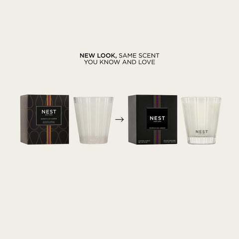 Nest New York Moroccan Amber candle with frosted striped glass vessel for elegant decor.