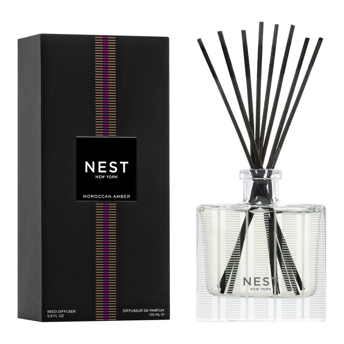NEST New York Moroccan Amber diffuser close-up on glass vessel for warm ambiance