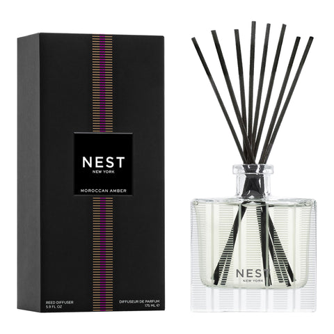 NEST New York Moroccan Amber diffuser close-up on glass vessel for warm ambiance