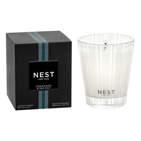 Nest New York Ocean Mist & Sea Salt candle in frosted glass vessel, ideal for calming spaces.