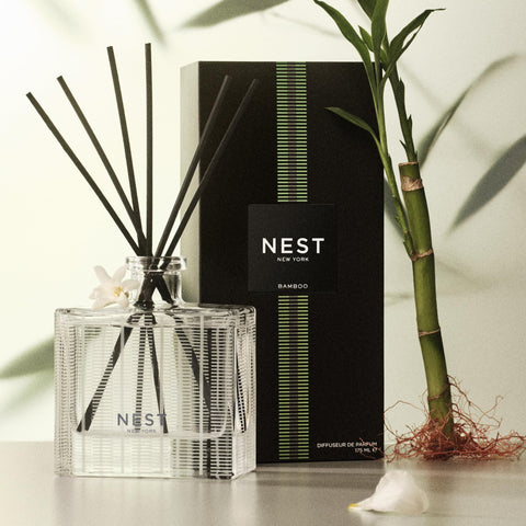 Nest New York Bamboo diffuser in living room creates ambient mood for entertaining.