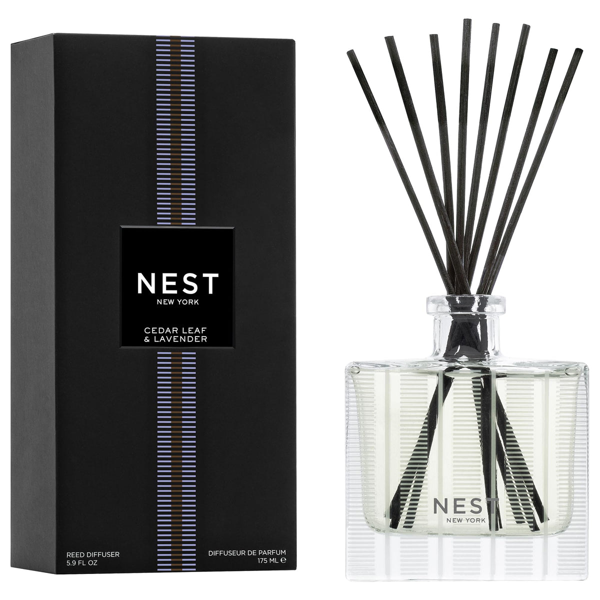 Nest New York Reed Diffuser cedar leaf lavender bottle releasing a calming fragrance in your space