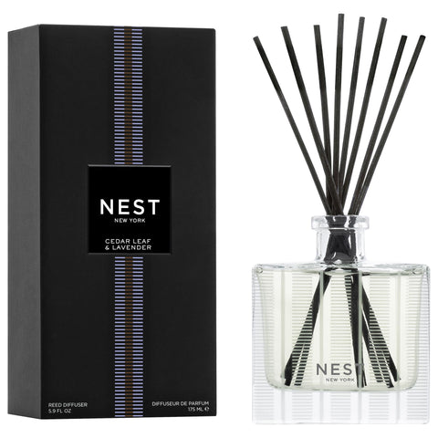 Nest New York Reed Diffuser cedar leaf lavender bottle releasing a calming fragrance in your space