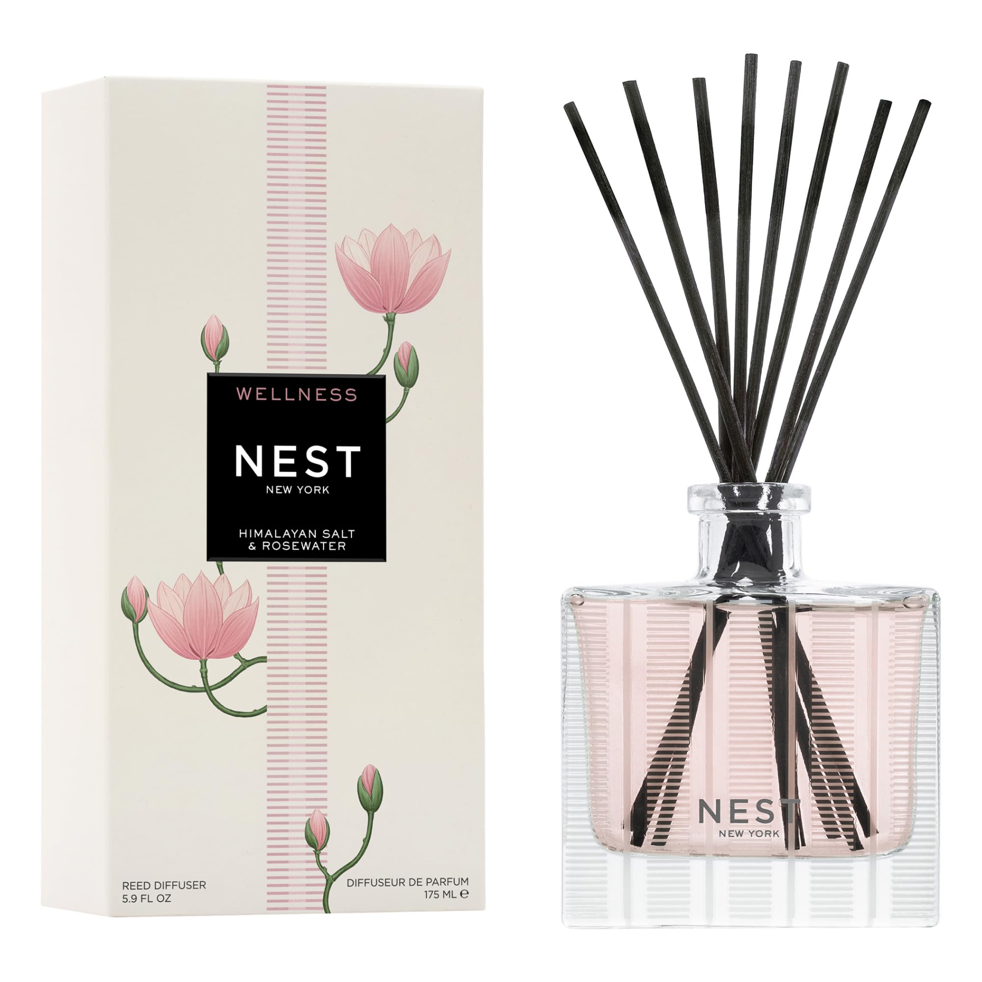 NEST New York Himalayan Salt & Rosewater diffuser bottle releasing gentle fragrance for calm spaces.