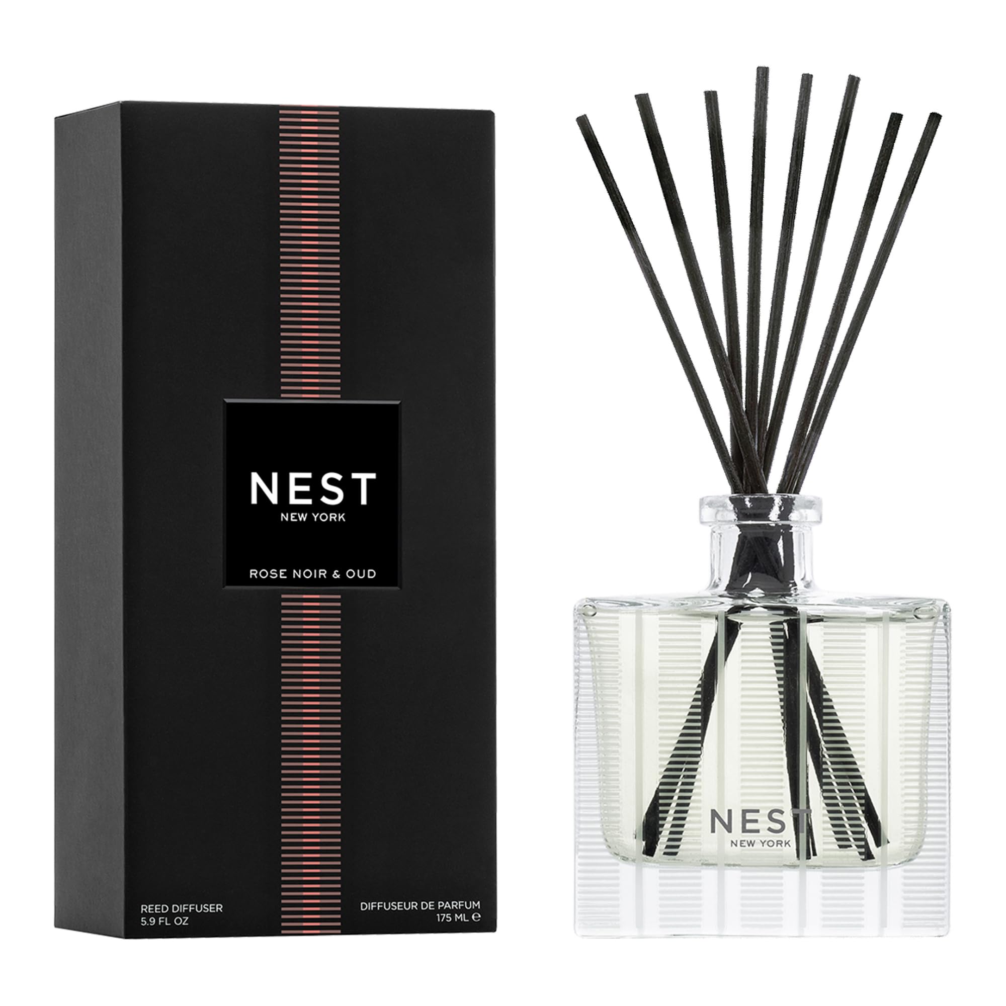 NEST New York Rose Noir & Oud diffuser bottle releasing continuous fragrance in an elegant space