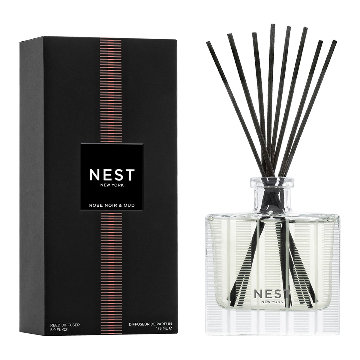 NEST New York Rose Noir & Oud diffuser bottle releasing continuous fragrance in an elegant space
