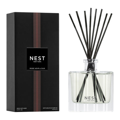 NEST New York Rose Noir & Oud diffuser bottle releasing continuous fragrance in an elegant space